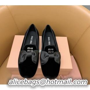 Unique Style Miu Miu Velvet Flat Loafers with Bow Black/Silver 104128