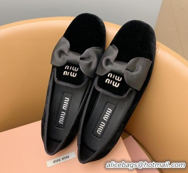 Unique Style Miu Miu Velvet Flat Loafers with Bow Black/Silver 104128