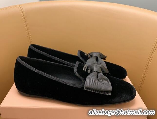 Unique Style Miu Miu Velvet Flat Loafers with Bow Black/Silver 104128