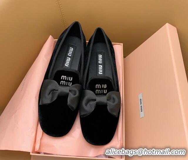 Unique Style Miu Miu Velvet Flat Loafers with Bow Black/Silver 104128