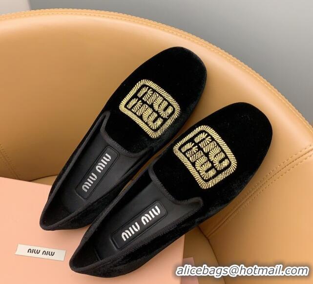 Grade Quality Miu Miu Velvet Flat Loafers Black/Gold 104136