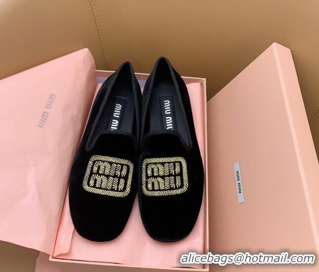 Grade Quality Miu Miu Velvet Flat Loafers Black/Gold 104136