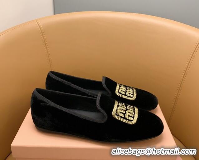 Grade Quality Miu Miu Velvet Flat Loafers Black/Gold 104136