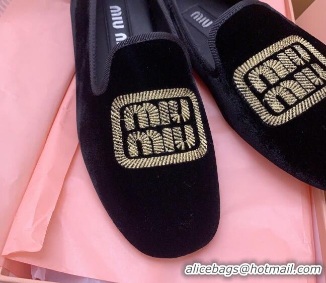 Grade Quality Miu Miu Velvet Flat Loafers Black/Gold 104136