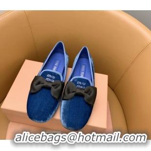 Top Grade Miu Miu Velvet Flat Loafers with Bow Blue/Black 104138