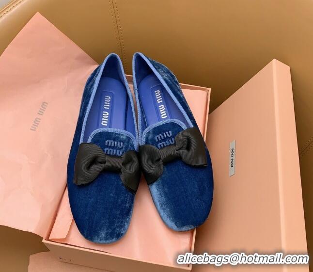 Top Grade Miu Miu Velvet Flat Loafers with Bow Blue/Black 104138