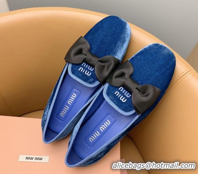 Top Grade Miu Miu Velvet Flat Loafers with Bow Blue/Black 104138