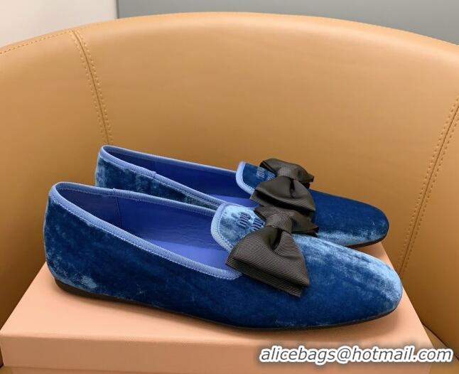 Top Grade Miu Miu Velvet Flat Loafers with Bow Blue/Black 104138