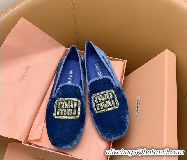 Pretty Style Miu Miu Velvet Flat Loafers Blue/Gold 104140