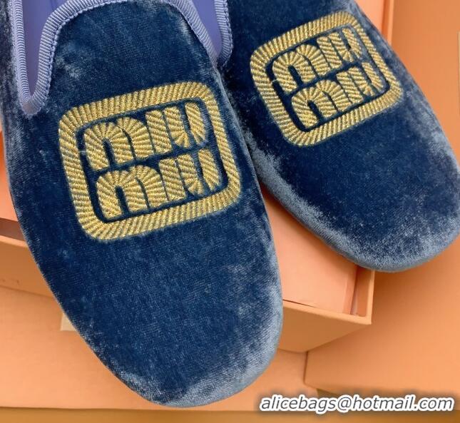 Pretty Style Miu Miu Velvet Flat Loafers Blue/Gold 104140