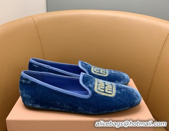 Pretty Style Miu Miu Velvet Flat Loafers Blue/Gold 104140