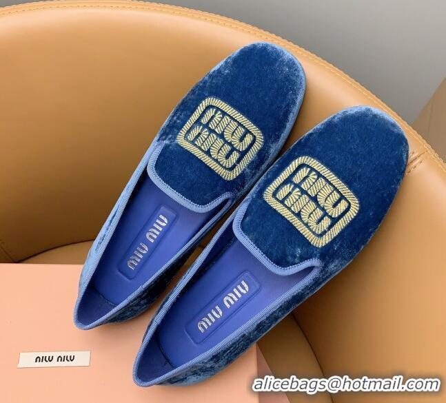 Pretty Style Miu Miu Velvet Flat Loafers Blue/Gold 104140