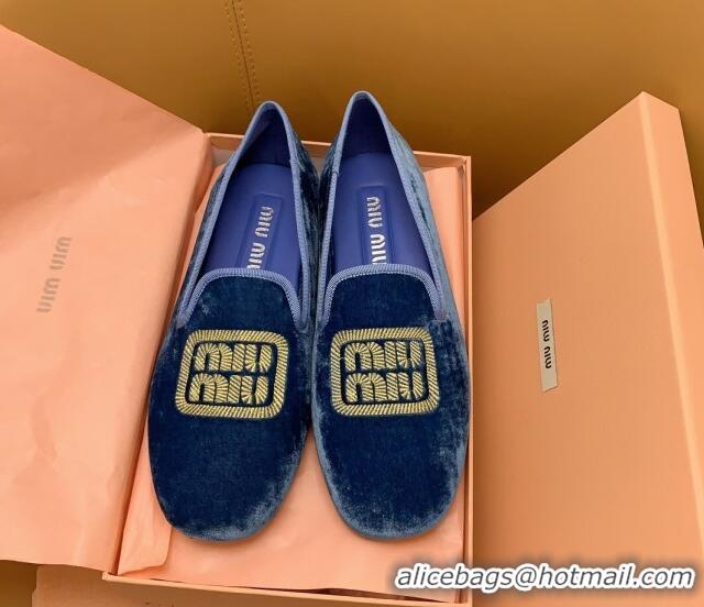 Pretty Style Miu Miu Velvet Flat Loafers Blue/Gold 104140