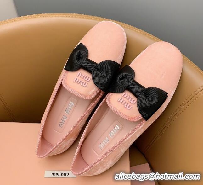 Unique Style Miu Miu Velvet Flat Loafers with Bow Light Pink/Black 104142