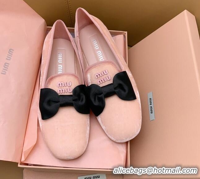 Unique Style Miu Miu Velvet Flat Loafers with Bow Light Pink/Black 104142