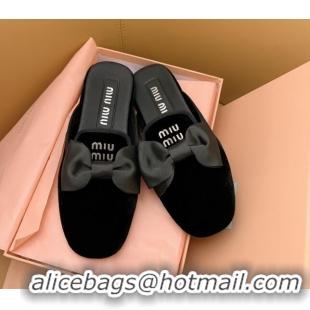 Perfect Miu Miu Velvet Flat Mules with Bow Black/Silver 104135