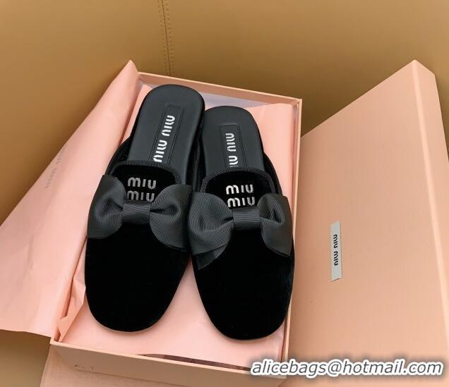 Perfect Miu Miu Velvet Flat Mules with Bow Black/Silver 104135