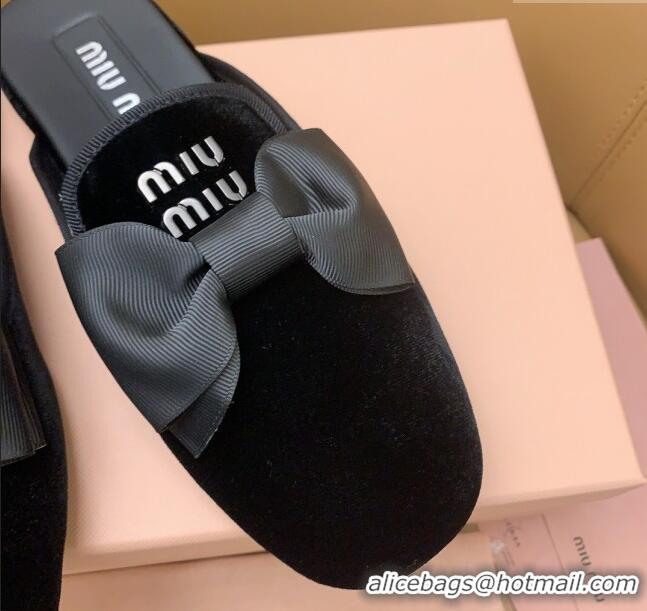 Perfect Miu Miu Velvet Flat Mules with Bow Black/Silver 104135