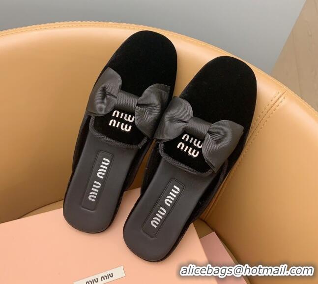 Perfect Miu Miu Velvet Flat Mules with Bow Black/Silver 104135