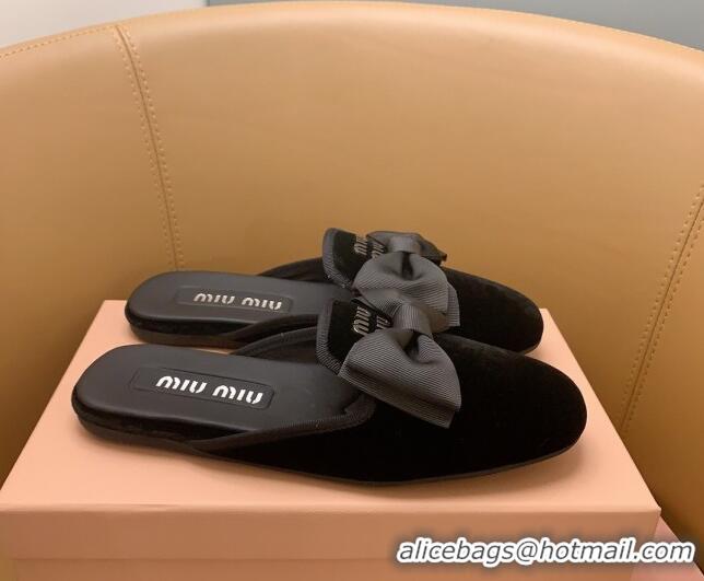 Perfect Miu Miu Velvet Flat Mules with Bow Black/Silver 104135