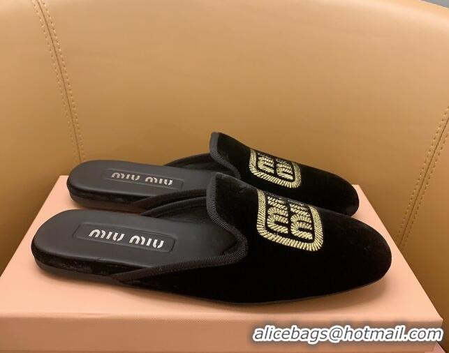 Best Product Miu Miu Velvet Flat Mules Black/Gold 104137