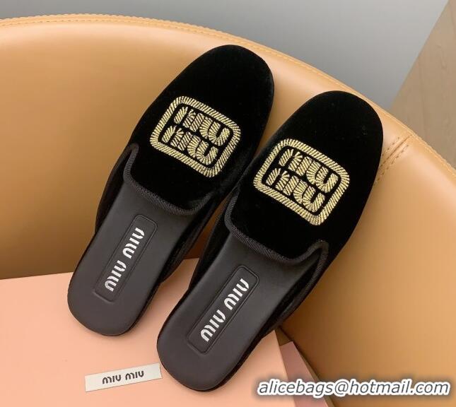 Best Product Miu Miu Velvet Flat Mules Black/Gold 104137