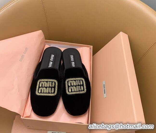 Best Product Miu Miu Velvet Flat Mules Black/Gold 104137