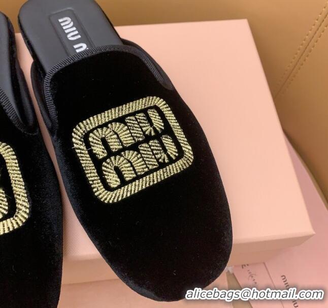 Best Product Miu Miu Velvet Flat Mules Black/Gold 104137