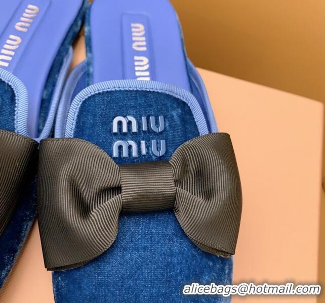 Low Cost Miu Miu Velvet Flat Mules with Bow Blue/Black 104139