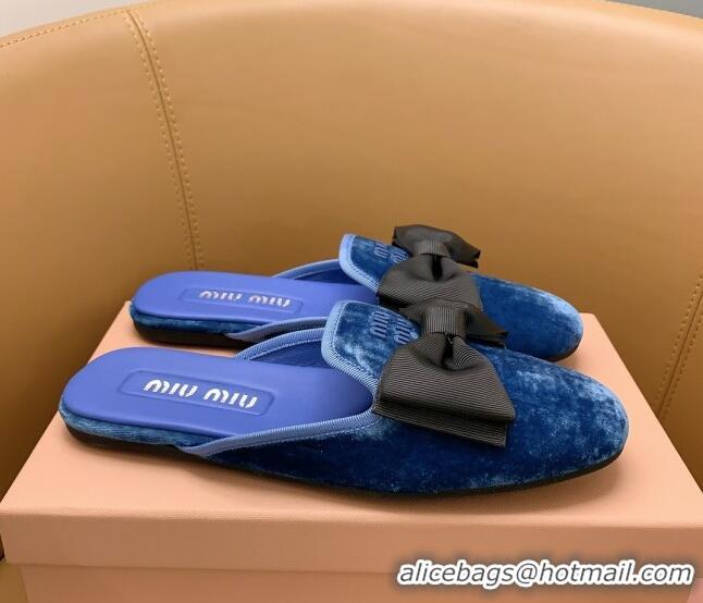 Low Cost Miu Miu Velvet Flat Mules with Bow Blue/Black 104139