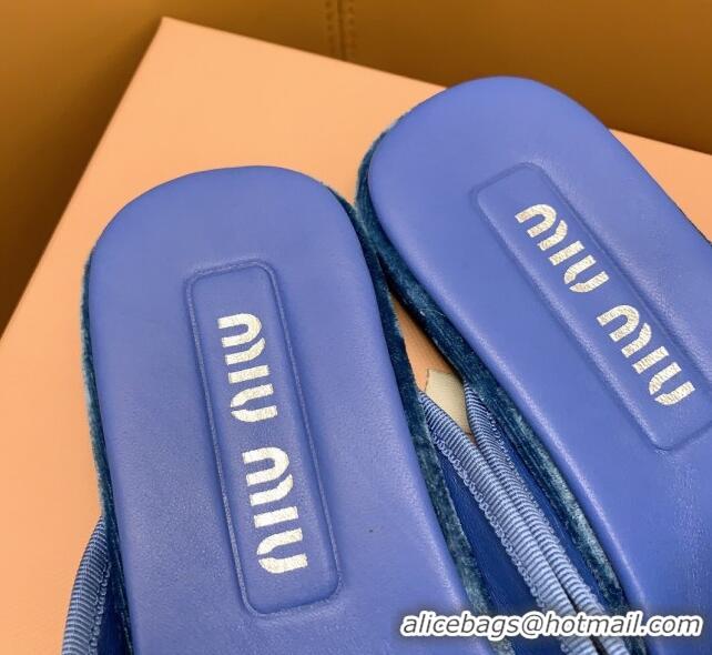 Low Cost Miu Miu Velvet Flat Mules with Bow Blue/Black 104139