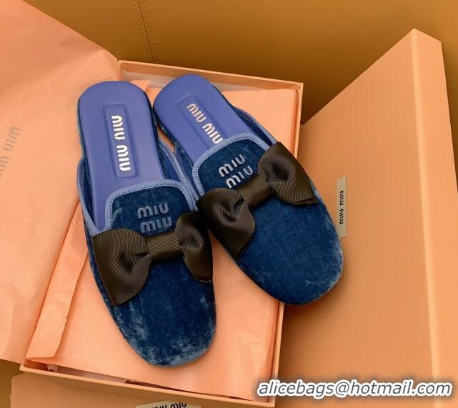 Low Cost Miu Miu Velvet Flat Mules with Bow Blue/Black 104139