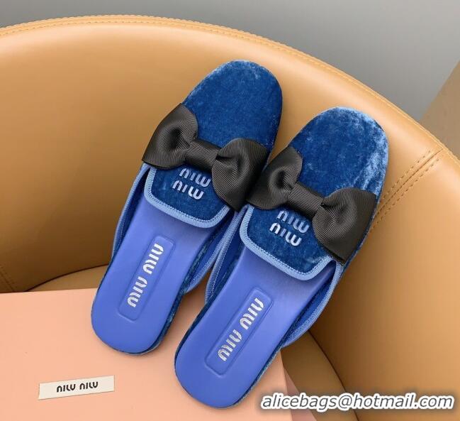 Low Cost Miu Miu Velvet Flat Mules with Bow Blue/Black 104139