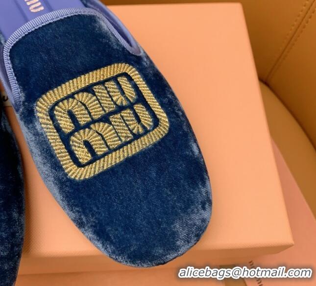 Classic Hot Miu Miu Velvet Flat Mules Blue/Gold 104141