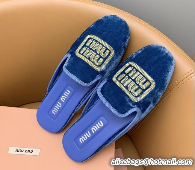 Classic Hot Miu Miu Velvet Flat Mules Blue/Gold 104141