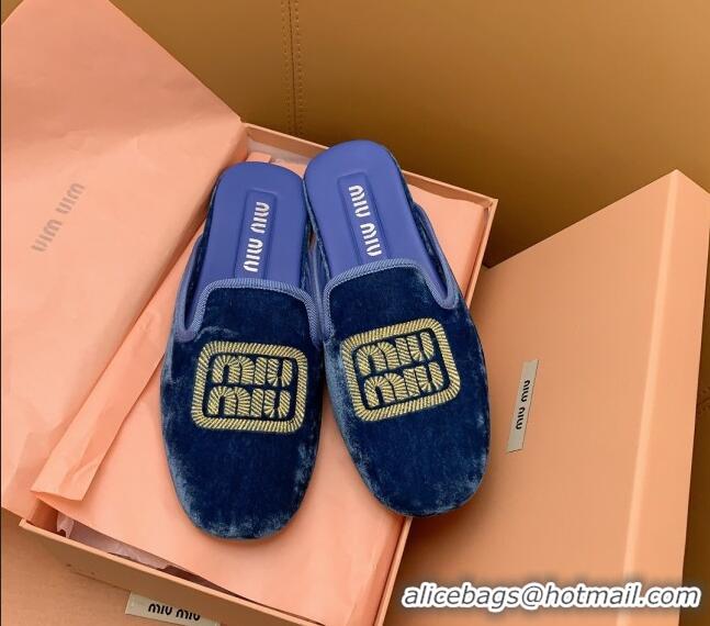 Classic Hot Miu Miu Velvet Flat Mules Blue/Gold 104141