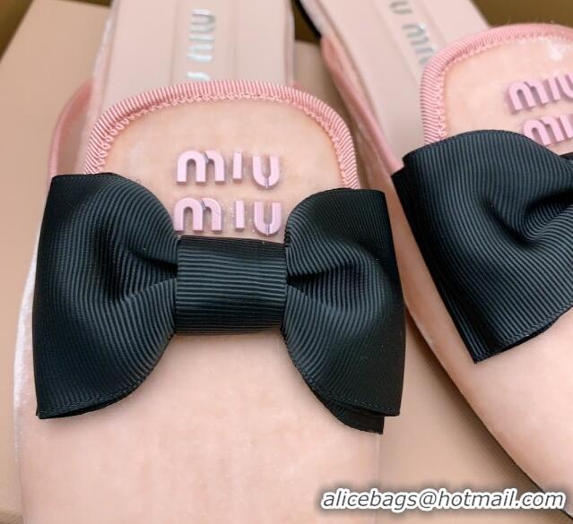 Good Quality Miu Miu Velvet Flat Mules with Bow Light Pink/Black 104143