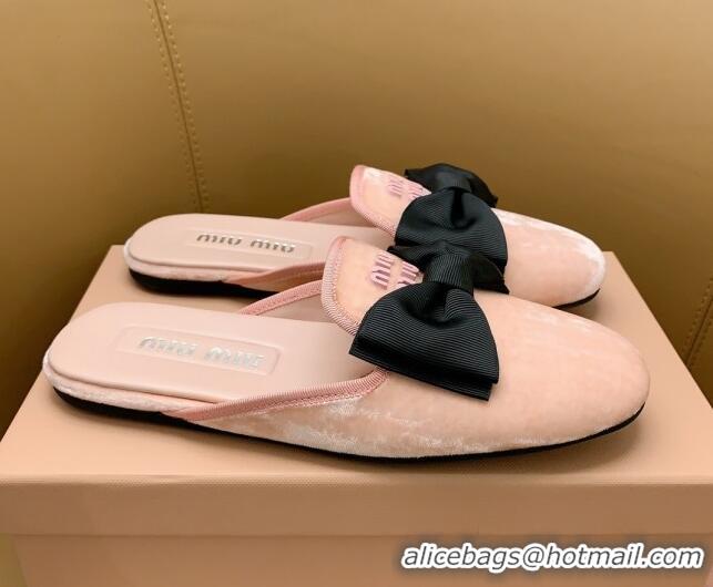 Good Quality Miu Miu Velvet Flat Mules with Bow Light Pink/Black 104143