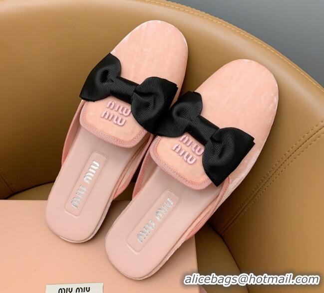 Good Quality Miu Miu Velvet Flat Mules with Bow Light Pink/Black 104143