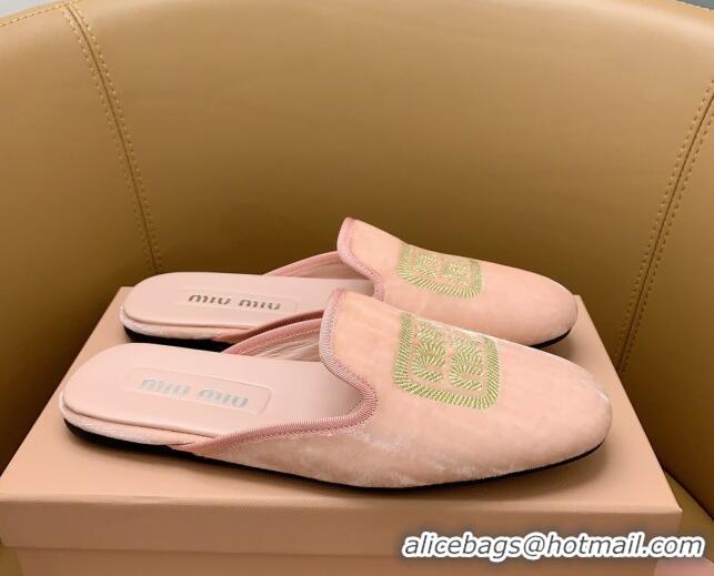 Good Looking Miu Miu Velvet Flat Mules Light Pink/Gold 104145