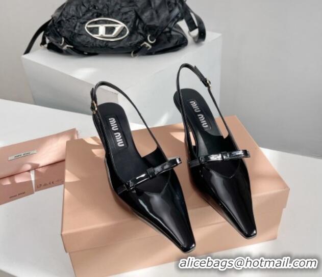 Best Grade Miu Miu Patent Leather Slingback Pumps 3.5cm with Bow Black 109040