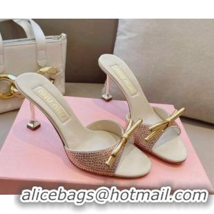 Grade Quality Miu Miu Satin Heel Slide Sandals 10.5cm with Crystals and Bow Champagne 129047