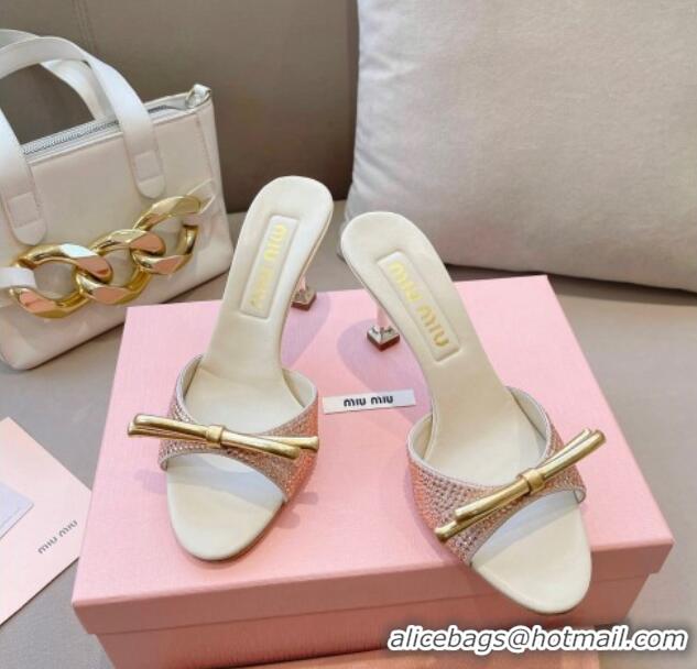 Grade Quality Miu Miu Satin Heel Slide Sandals 10.5cm with Crystals and Bow Champagne 129047