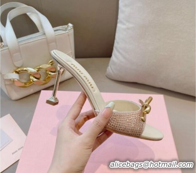 Grade Quality Miu Miu Satin Heel Slide Sandals 10.5cm with Crystals and Bow Champagne 129047