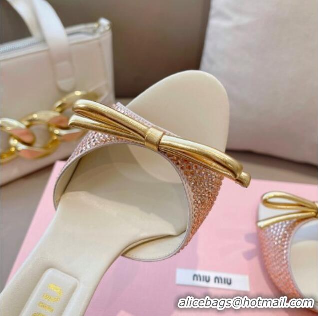 Grade Quality Miu Miu Satin Heel Slide Sandals 10.5cm with Crystals and Bow Champagne 129047