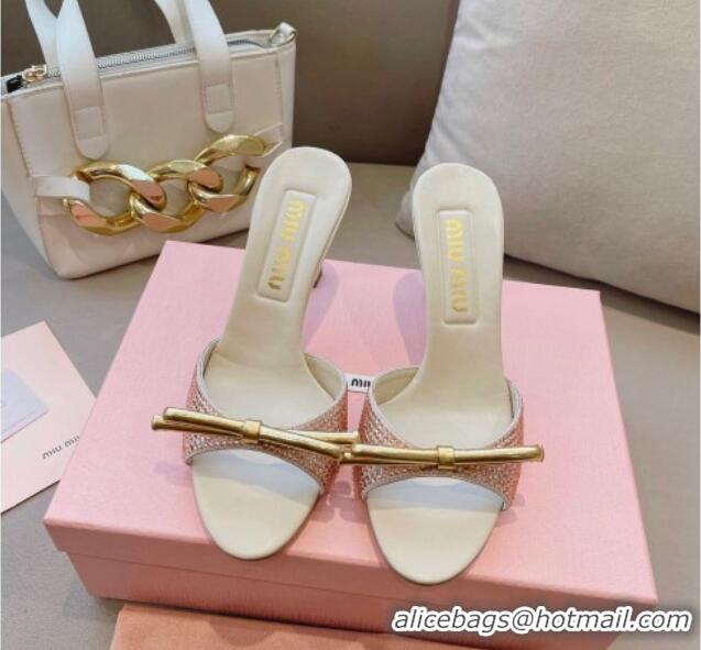 Grade Quality Miu Miu Satin Heel Slide Sandals 10.5cm with Crystals and Bow Champagne 129047