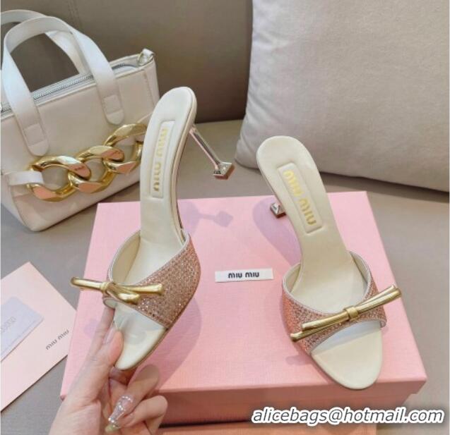 Grade Quality Miu Miu Satin Heel Slide Sandals 10.5cm with Crystals and Bow Champagne 129047