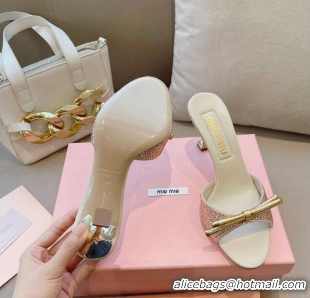 Grade Quality Miu Miu Satin Heel Slide Sandals 10.5cm with Crystals and Bow Champagne 129047