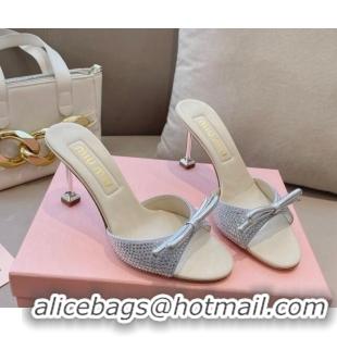 Pretty Style Miu Miu Satin Heel Slide Sandals 10.5cm with Crystals and Bow Silver 129048