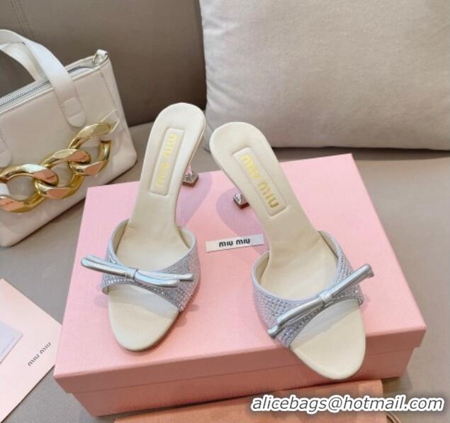 Pretty Style Miu Miu Satin Heel Slide Sandals 10.5cm with Crystals and Bow Silver 129048